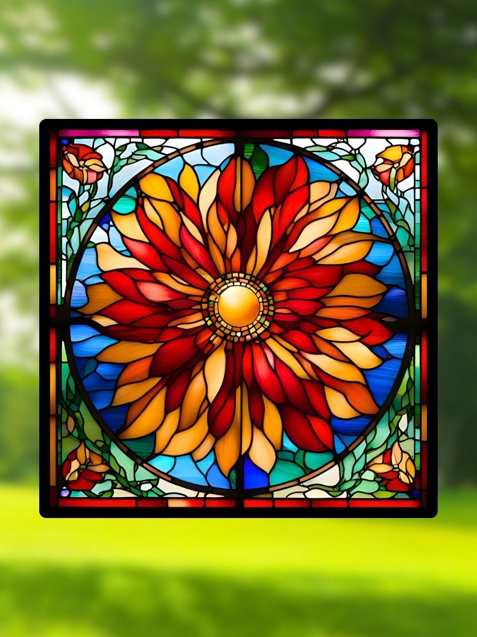 Vitrail "Dahlia de Feu" – Art déco floral, vitrail carré 14,5x14,5 cm, décoration lumineuse rouge et or inspirée de la nature