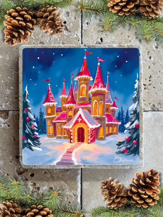 Carreau en travertin 10x10 cm – Château de Noël enneigé, verso liège