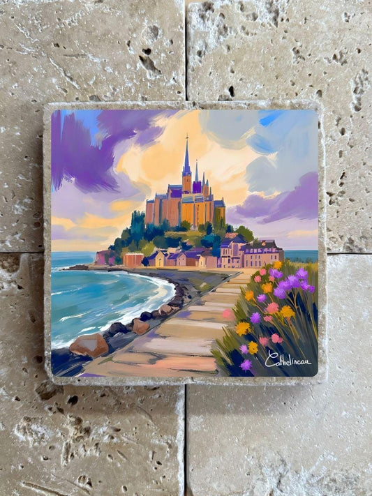 Carreau en travertin 10x10 cm – Mont-Saint-Michel, paysage côtier, verso liège