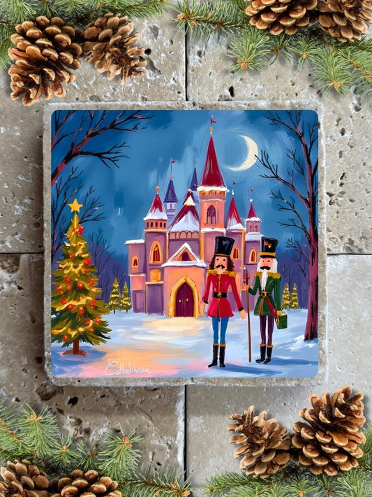 Carreau en travertin 10x10 cm – Château de Noël et soldats casse-noisette, verso liège