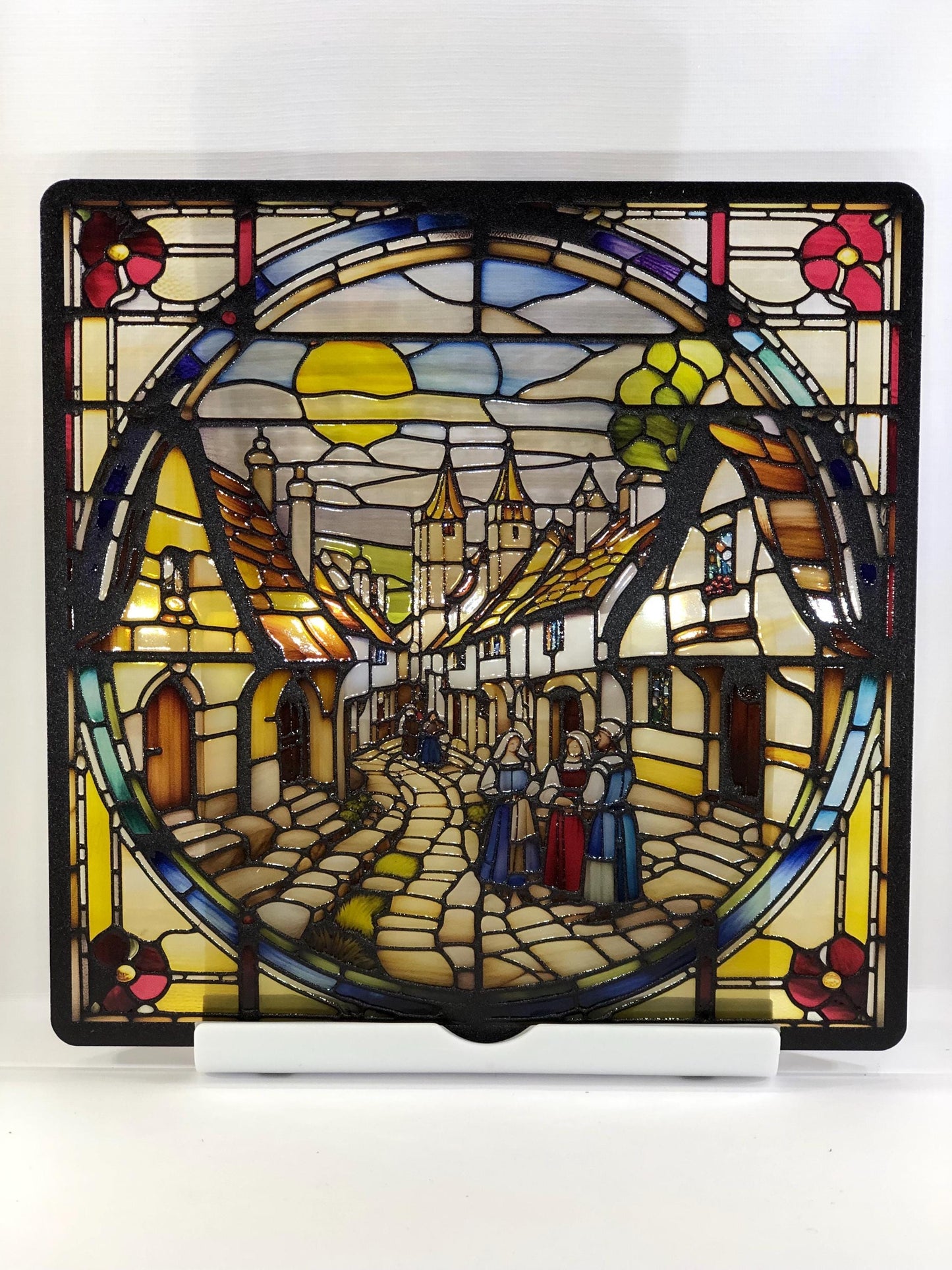 Vitrail Le Village Médiéval – Décoration de Vitre Historique – Cadeau Original pour Passionnés du Moyen Âge