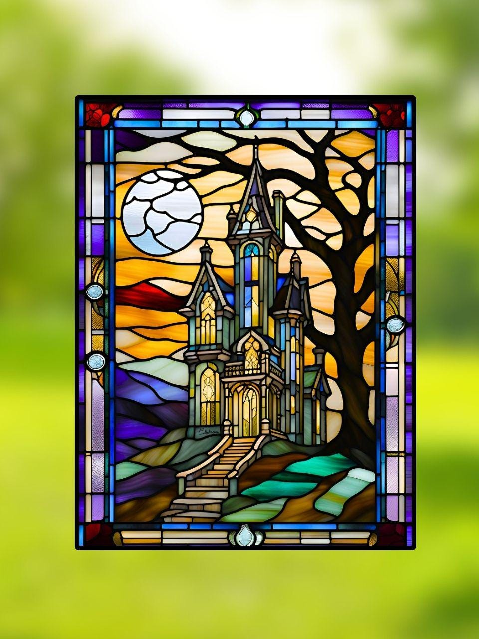 Vitrail Manoir 30x40cm – Décoration vitre Gothique – Cadeau Art Historique