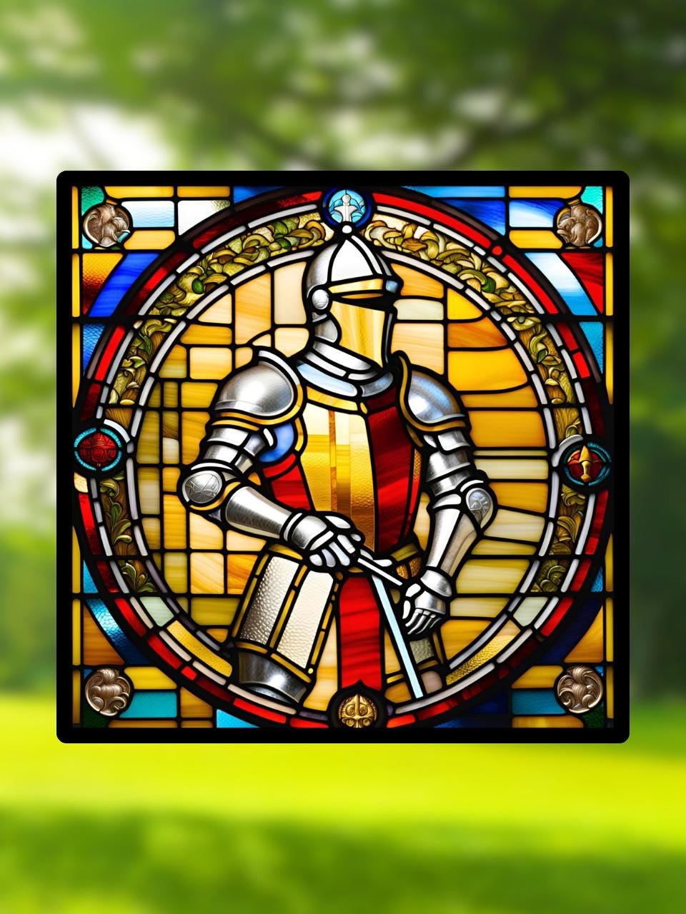 Vitrail Médiéval Chevalier en Armure – Décoration de Vitre Historique – Cadeau Original pour Passionnés du Moyen Âge