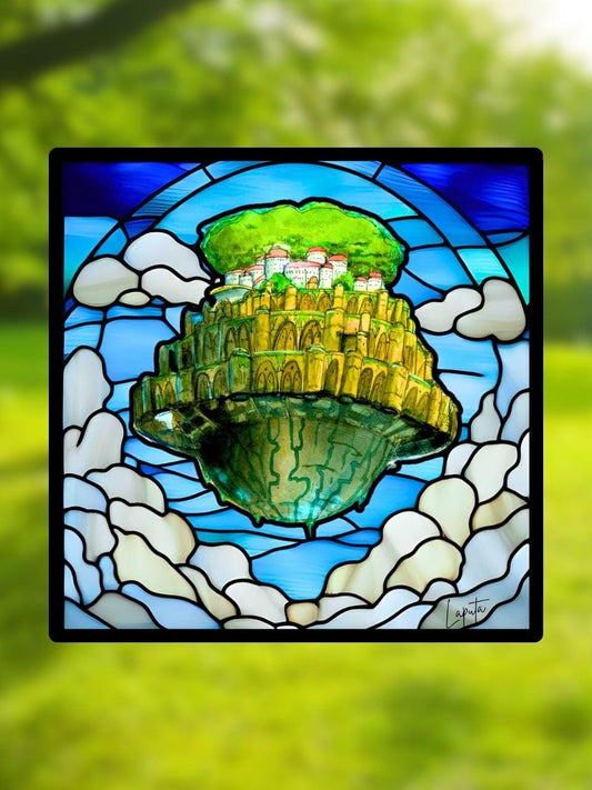 Vitrail "Le château dans le ciel" – Paysage imaginaire en vitrail art déco, format carré 14,5x14,5 cm, décoration poétique
