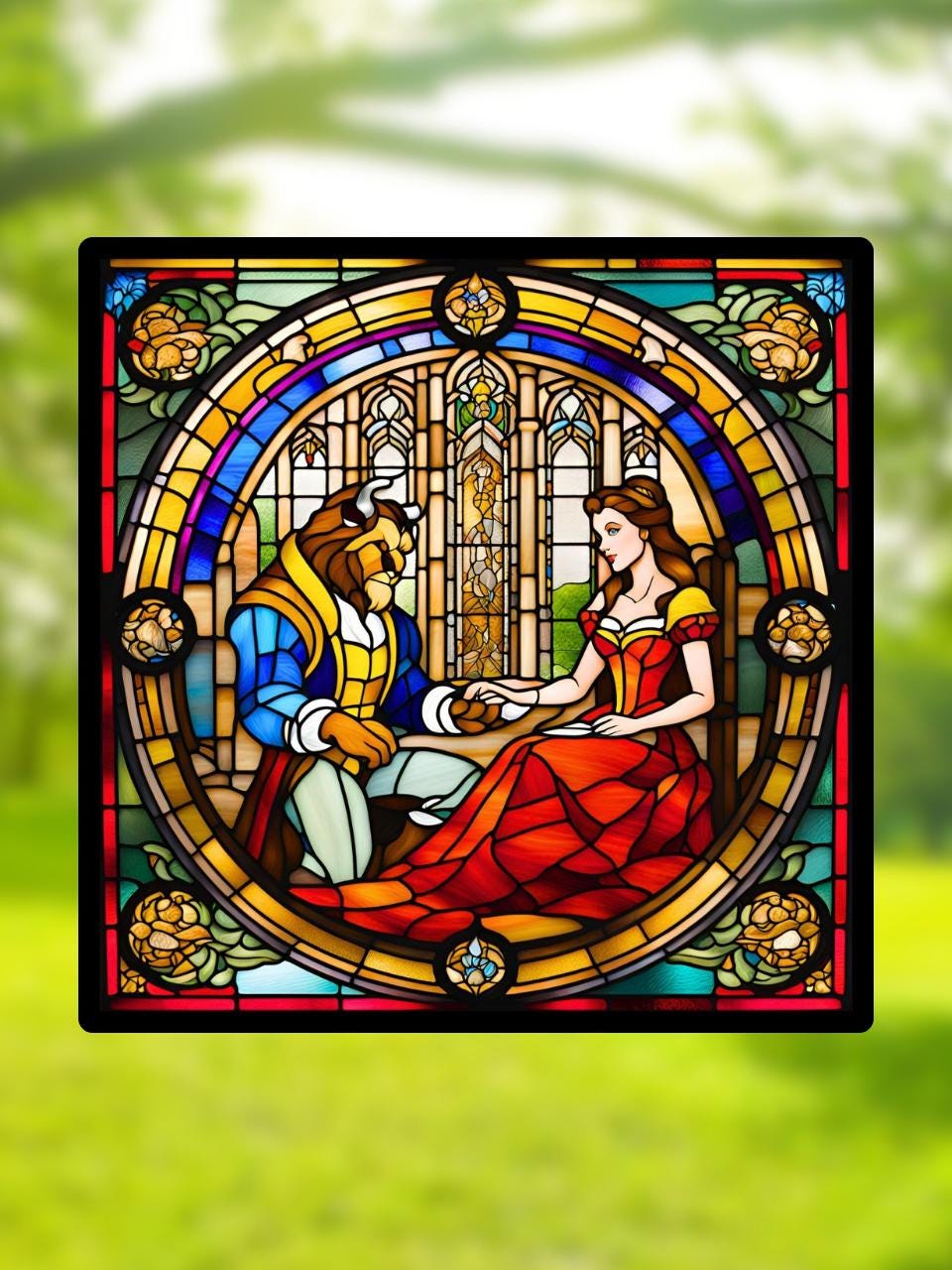 Vitrail La Belle et la Bête – Décoration de Vitre Enchantée – Cadeau Original pour Passionnés de Contes de Fées