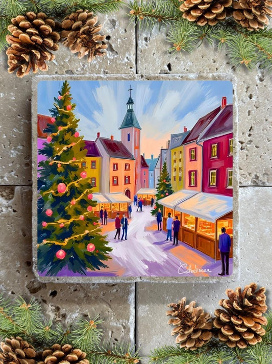 Carreau en travertin 10x10 cm – Marché de Noël en ville, verso liège