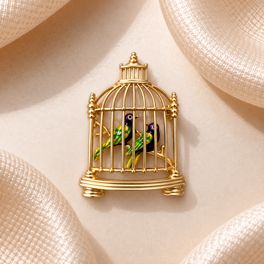 Broche cage à oiseaux dorée avec deux oiseaux émaillés violet, vert et jaune sur fond champagne satiné
