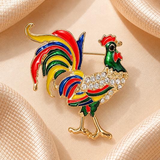 Broche coq multicolore émaillée avec strass sur fond carré de satin champagne