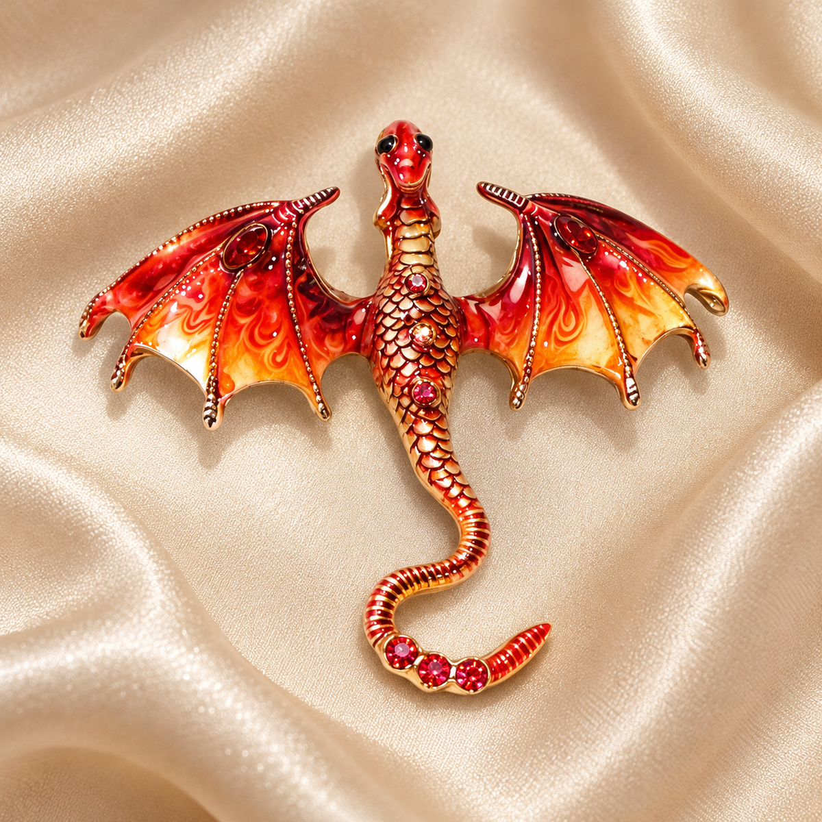 Broche dragon rouge et orange aux ailes déployées sur fond satin champagne