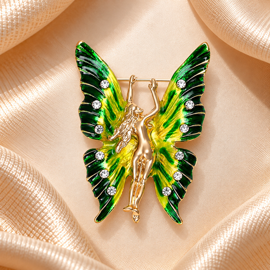 Broche fée papillon vert émeraude et jaune doré avec strass sur fond carré de satin champagne
