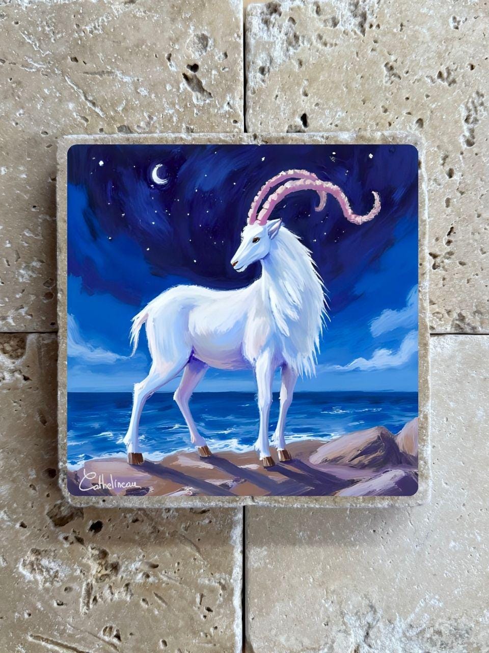 Pierre de travertin Capricorne – Signe astrologique – Illustration artisanale zodiaque