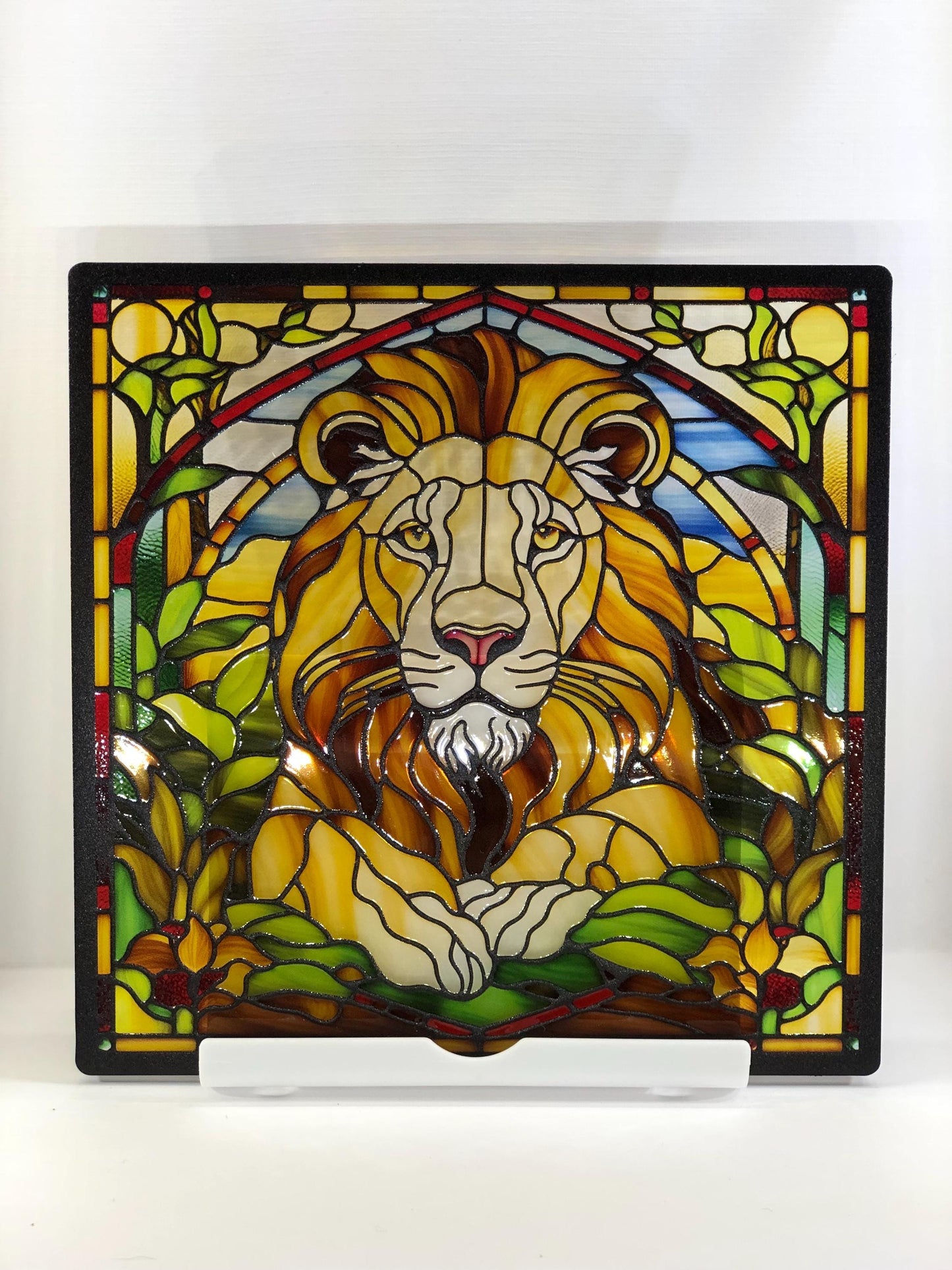 Vitrail Lion Majestueux – Décoration de Vitre Jungle – Cadeau Original pour Amoureux des Félins et de la Nature