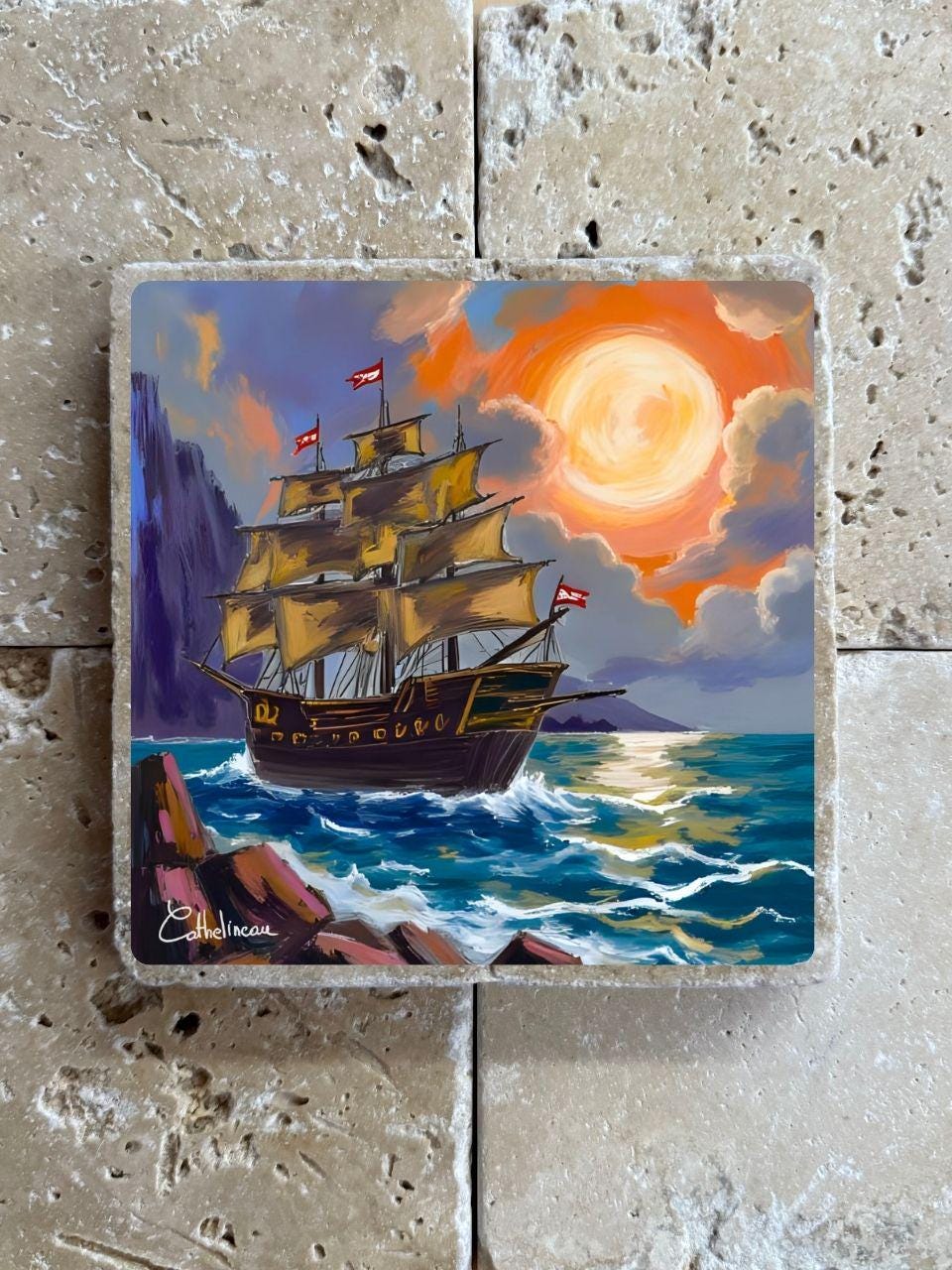 Pierre travertin 10x10 cm – Carreau décoratif navire pirate, verso liège