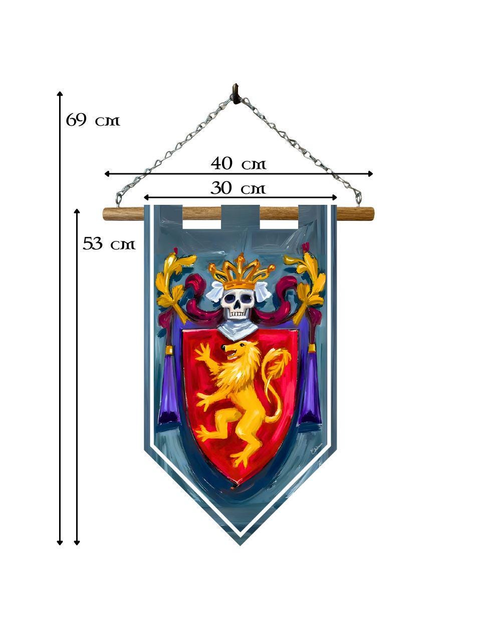 Étendard blason médiéval – Bannière murale toile 510g/m2 – Déco murale armoiries et château fort