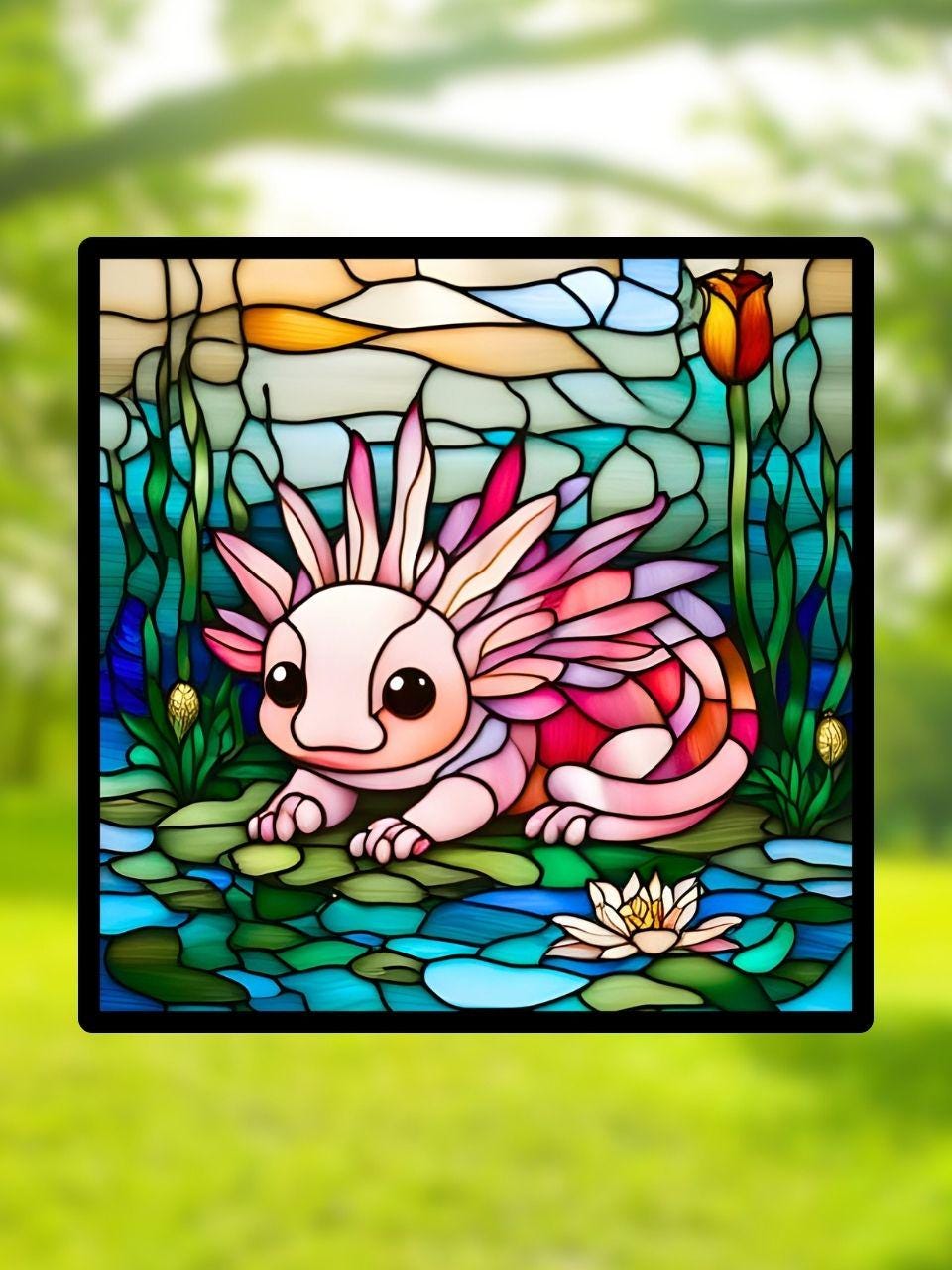 Vitrail "Axolotl des eaux paisibles" – Créature aquatique en vitrail, animal fantastique, décoration lumineuse, format 14,5x14,5 cm