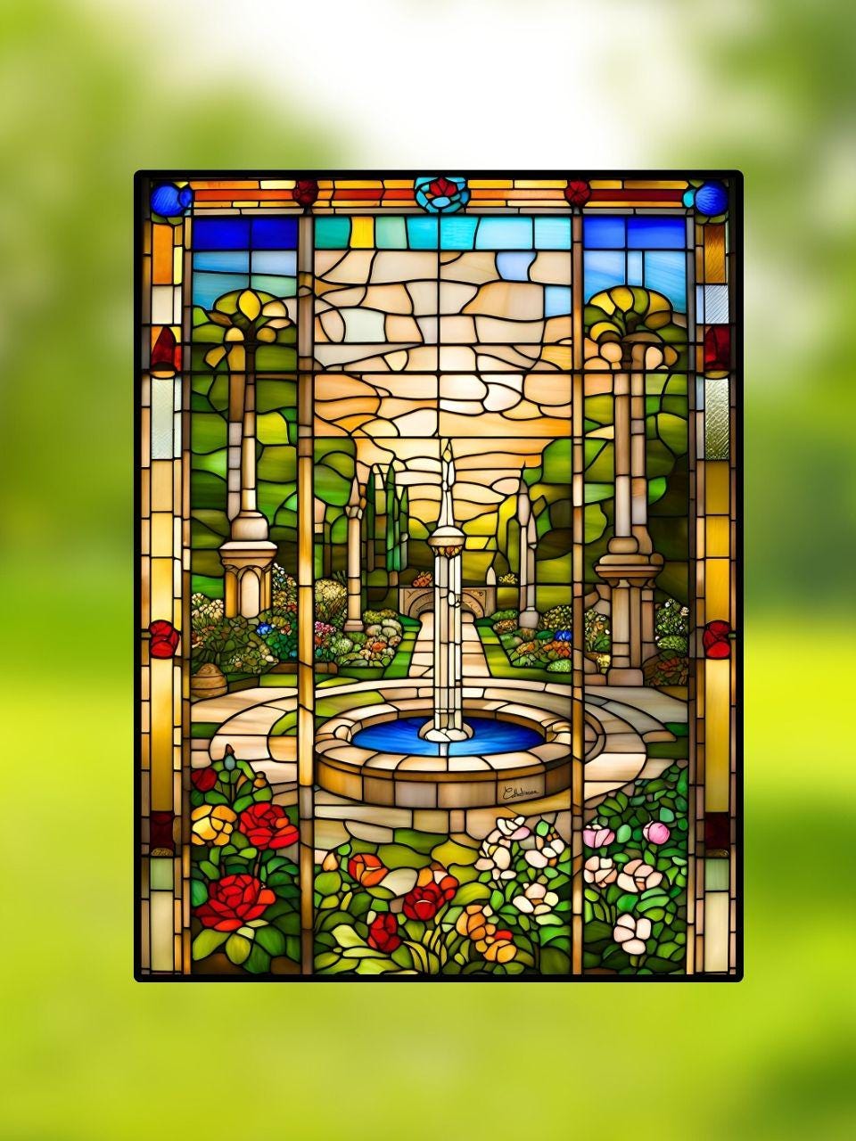 Vitrail Fontaine de Jardin 30x40cm – Décoration vitre Botanique – Cadeau Nature