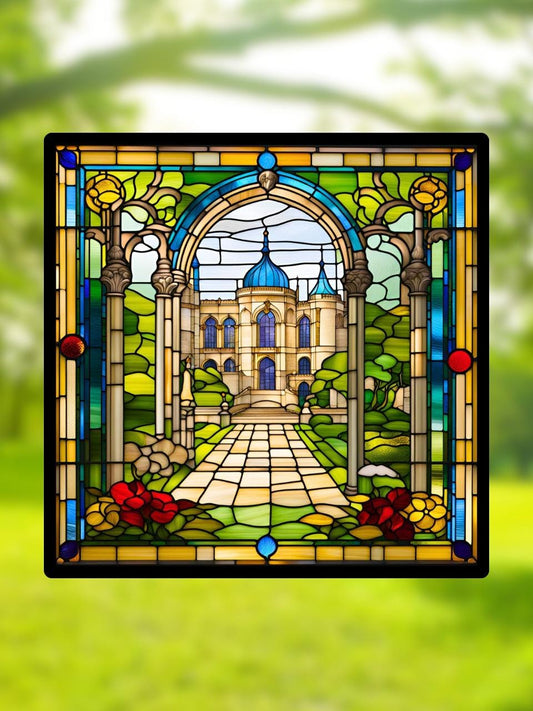 Vitrail Le Palais et ses Jardins – Décoration de Vitre Féérique – Cadeau Original pour Passionnés de Contes de Fées