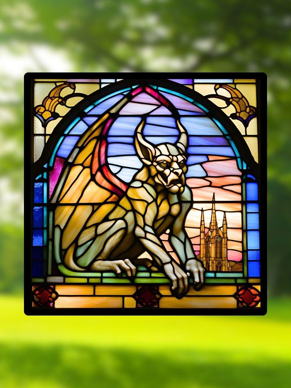 Vitrail La Gargouille – Décoration de Vitre Médiévale – Cadeau Original pour Passionnés d'Architecture Gothique