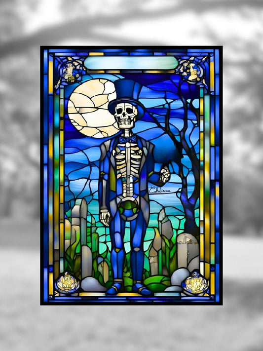 Vitrail "Le Marié Squelette" – Art gothique bleu, décoration d’Halloween, gentleman d’outre-tombe, format 148x210mm