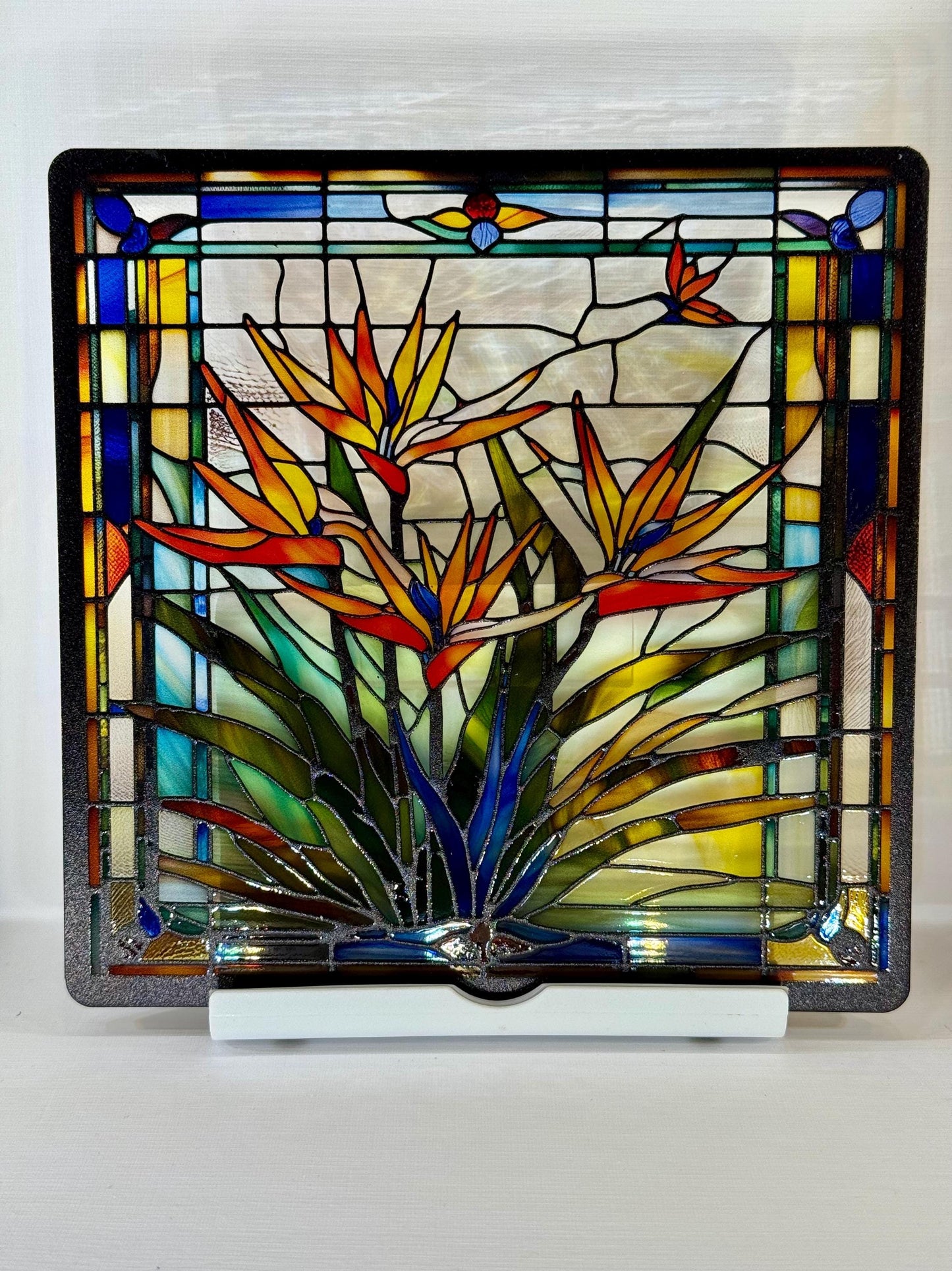 Vitrail Strelitzia – Oiseau du Paradis – Décoration de Vitre Tropicale – Cadeau Art Floral