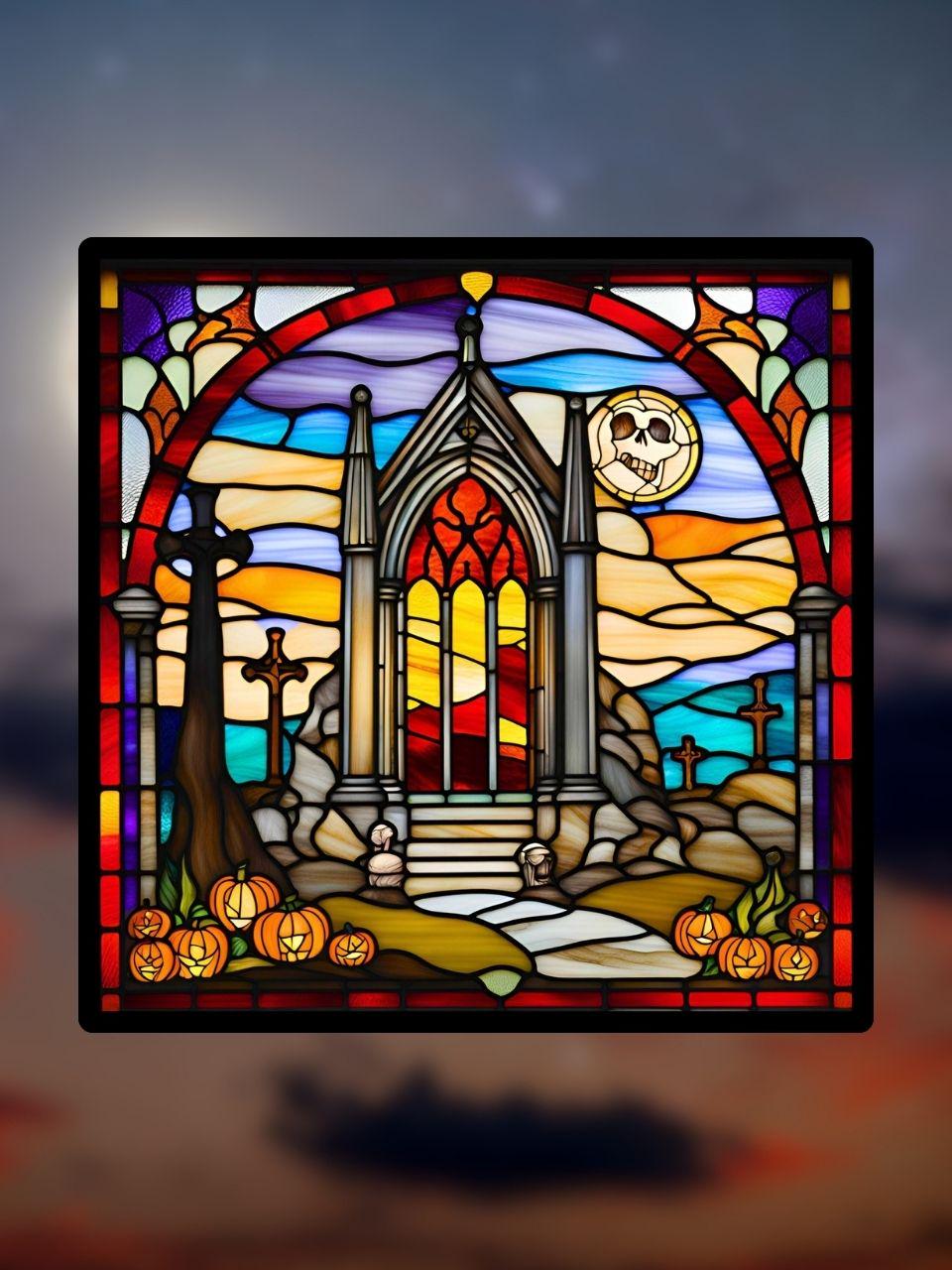 Vitrail Mausolée de Cimetière d’Halloween – Décoration de Vitre Gothique – Cadeau Original pour Passionnés de l’Univers Surnaturel