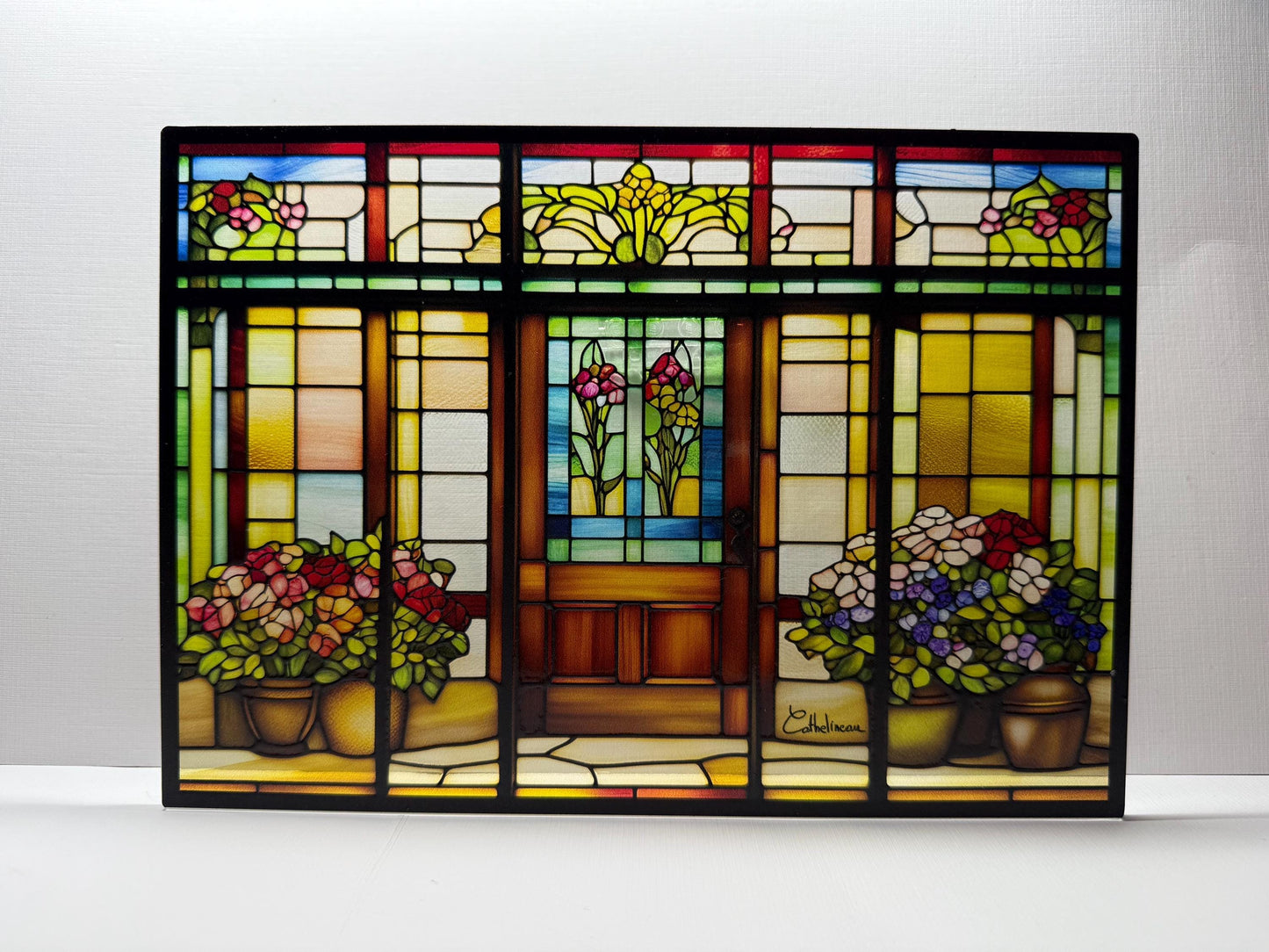 Vitrail Porte d'Entrée Fleurie 210x148mm – Décoration de Vitre Florale – Cadeau Art Floral