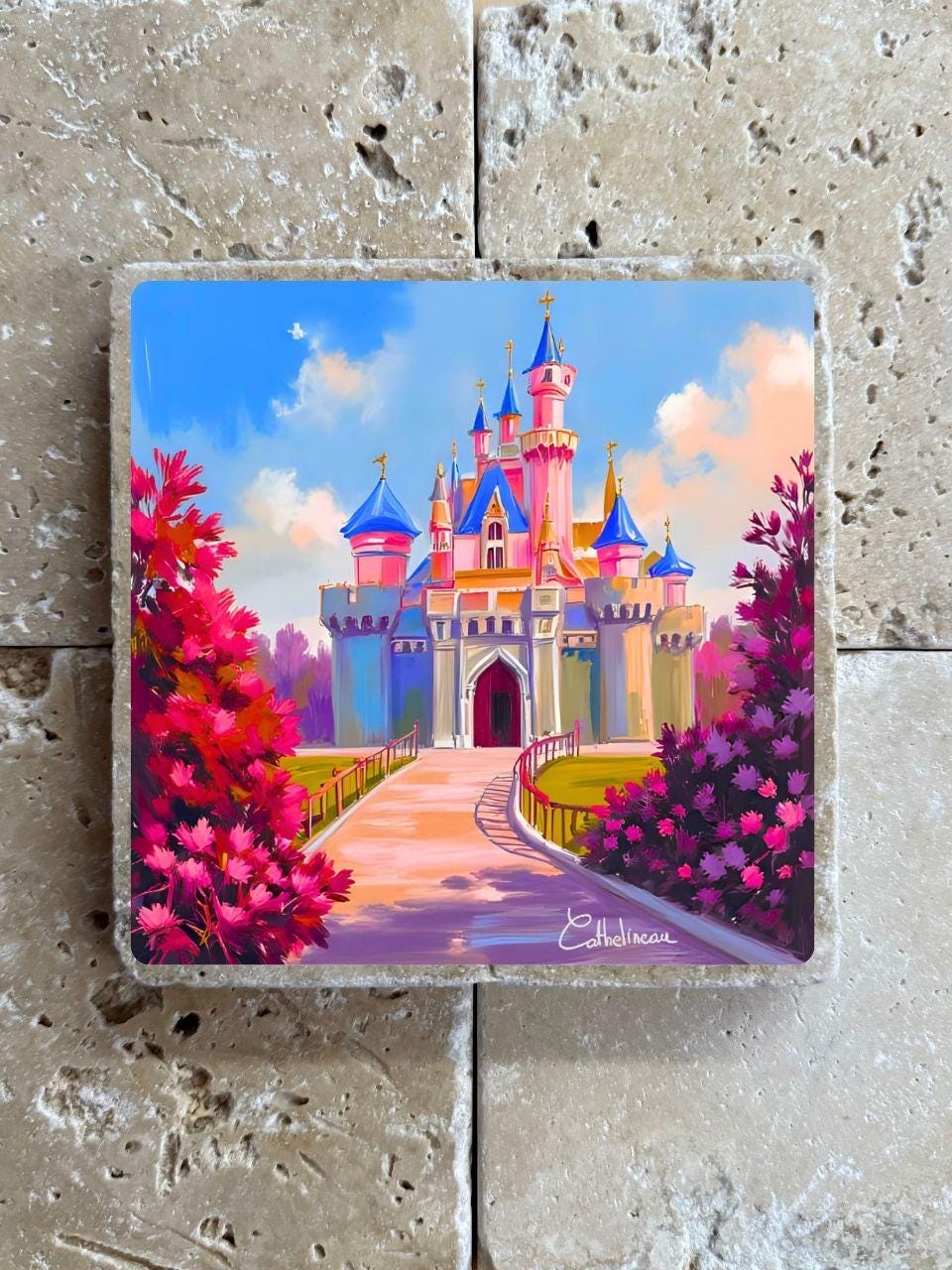Carreau en travertin 10x10 cm – Château féerique rose et bleu, verso liège