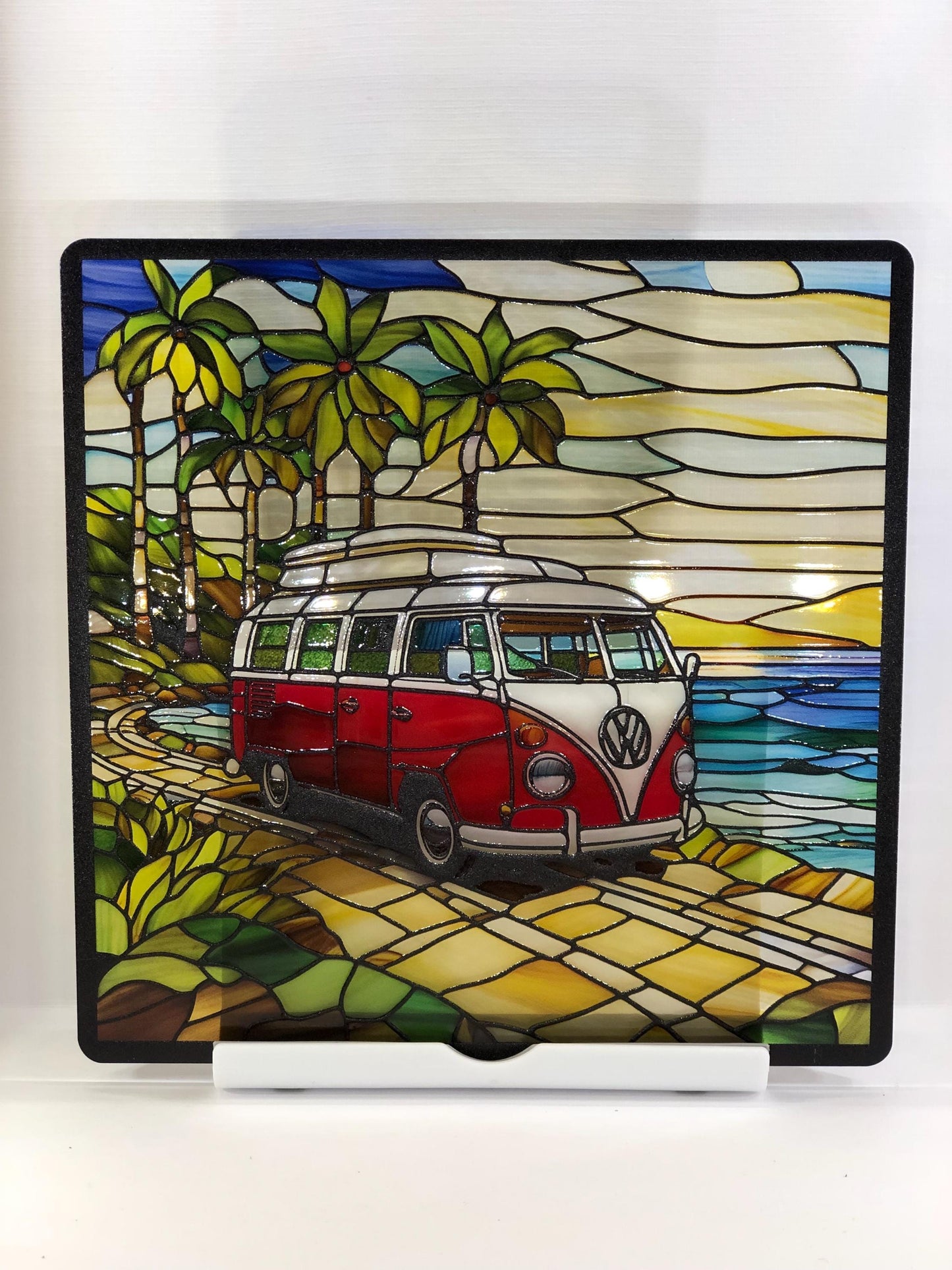 Vitrail van Combi VW rouge – Décoration vitre vintage – Cadeau rétro voiture