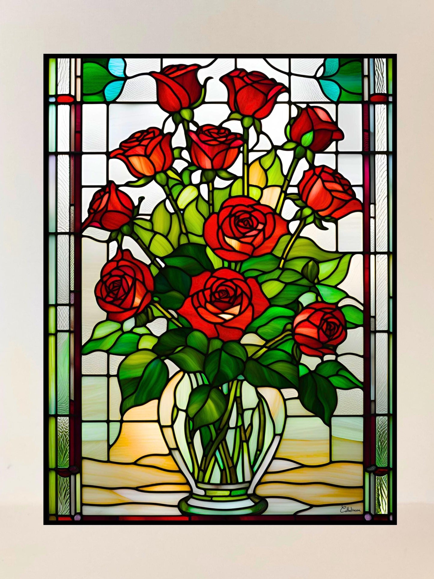 Vitrail Bouquet de Roses Rouges 30x40cm – Décoration vitre Romantique – Cadeau Fête des Mères