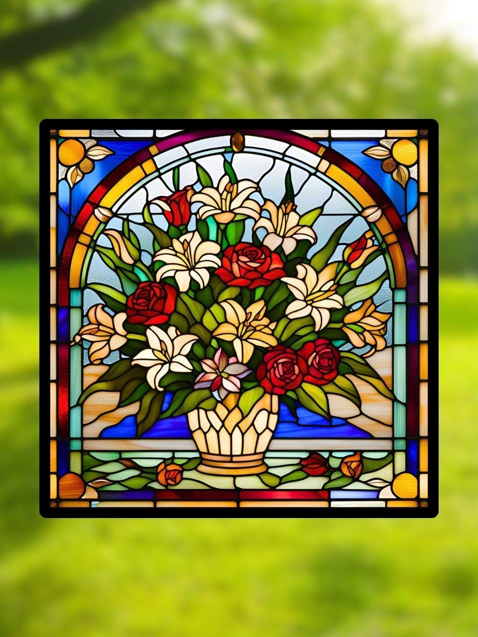 Vitrail Bouquet de Fleurs Colorées – Décoration de Vitre Florale – Cadeau Art Floral