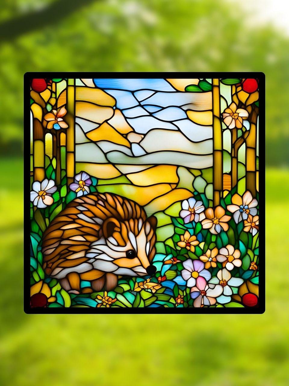 Vitrail Hérisson dans les Fleurs – Décoration de Vitre Naturelle – Cadeau Poétique pour Amoureux des Animaux et de la Forêt