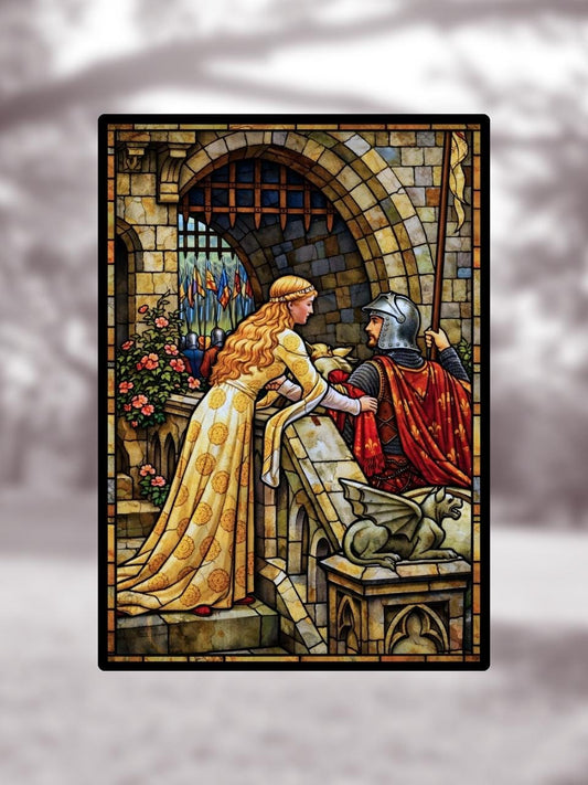 Vitrail "God speed" – Scène médiévale romantique en vitrail art historique, chevalier et dame, format vertical 14,8x21 cm