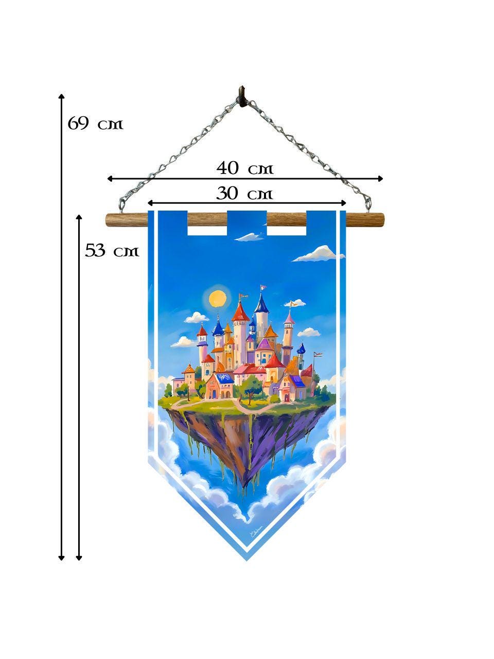 Étendard château dans le ciel flottant – Bannière murale toile 510g/m2 – Déco murale conte de fées et fantasy