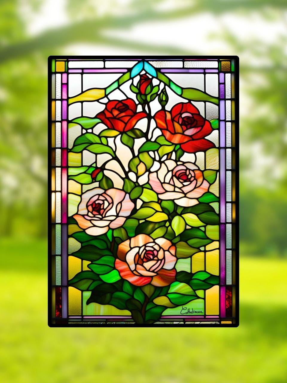 Vitrail Rosier 148x210mm – Fleur Romantique – Décoration de Vitre Florale – Cadeau Art Floral