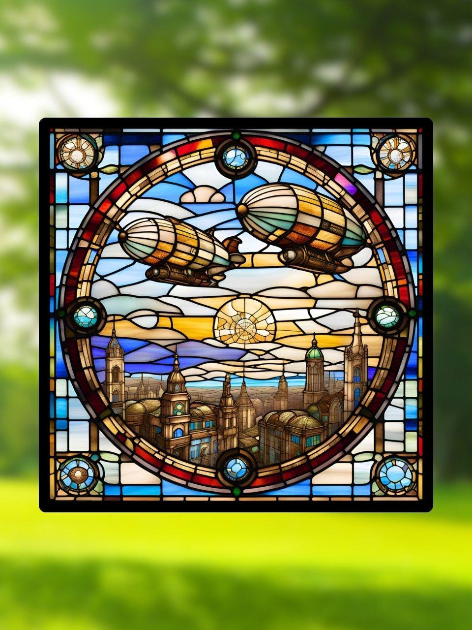 Vitrail La Ville Steampunk aux Zeppelins – Décoration de Vitre Industrielle – Cadeau Original pour Passionnés de Science-Fiction