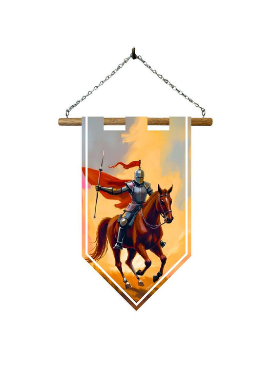 Étendard chevalier à cheval – Bannière murale toile 510g/m2 – Déco murale médiévale et chevalerie
