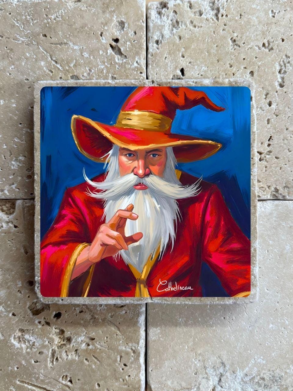 Pierre travertin 10x10 cm – Carreau décoratif sorcier fantasy, verso liège