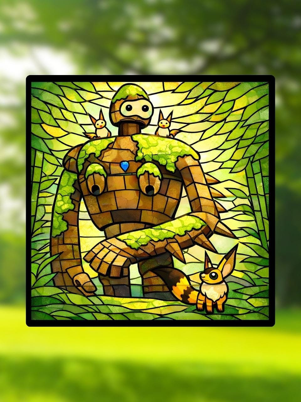 Vitrail "Le Gardien du château dans le ciel" - Créature fantastique nature en vitrail , format carré 14,5x14,5 cm, décoration féerique