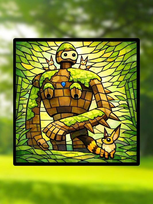 Vitrail "Le Gardien du château dans le ciel" - Créature fantastique nature en vitrail , format carré 14,5x14,5 cm, décoration féerique