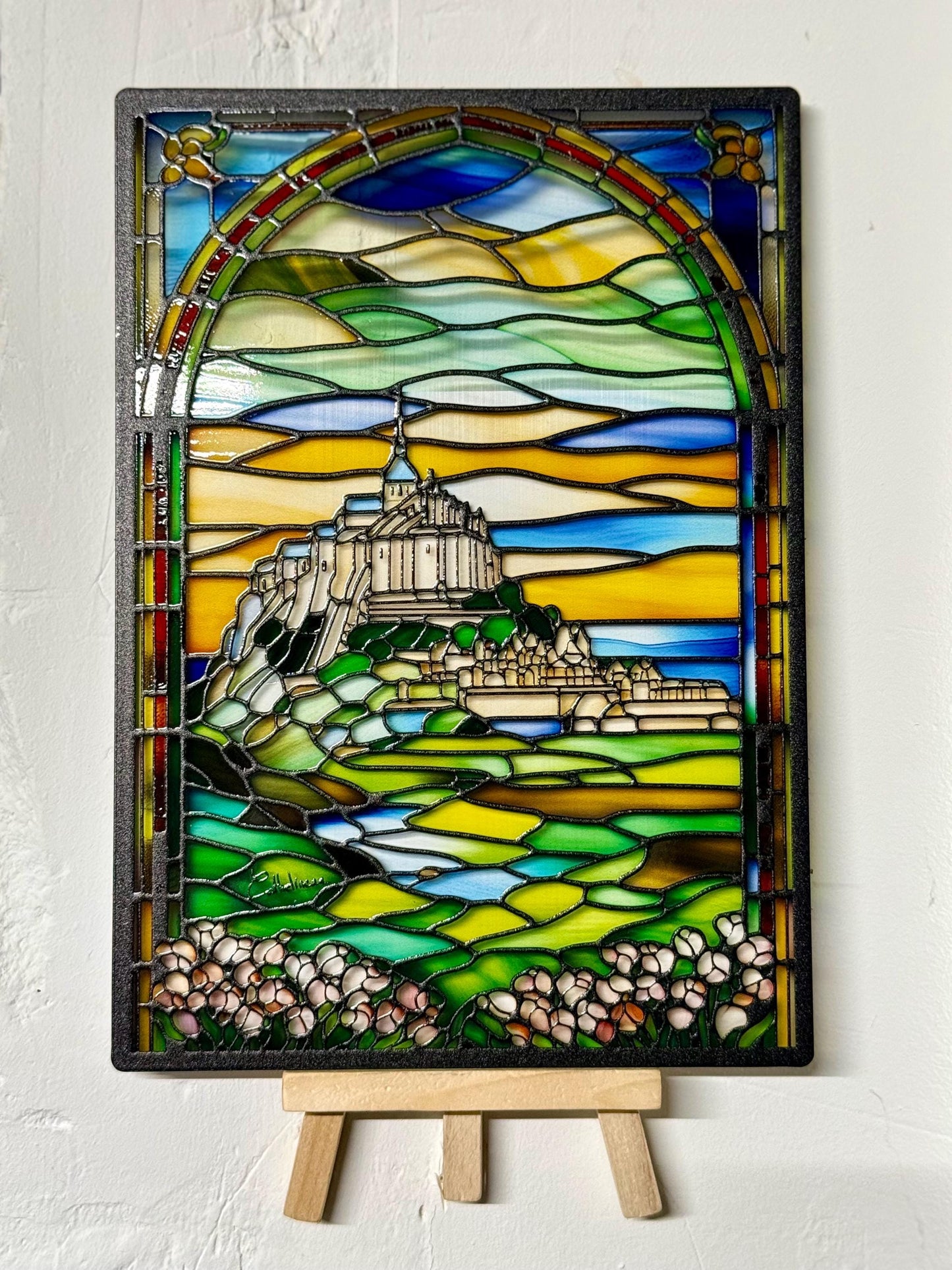Vitrail Le Mont-Saint-Michel 148x210mm – Paysage iconique en vitrail art déco, , décoration lumineuse