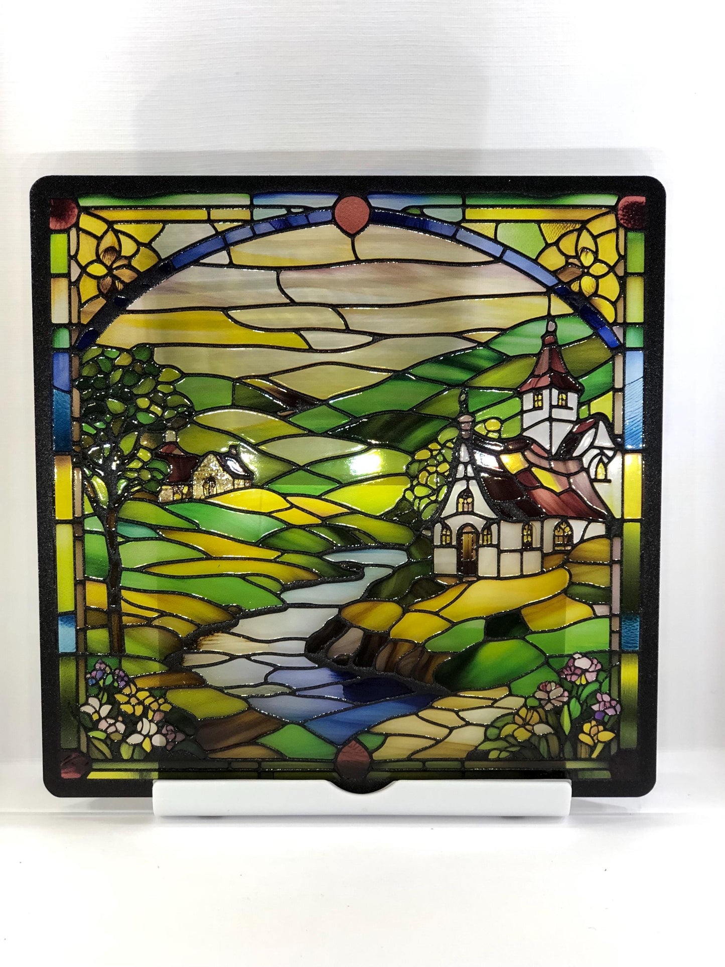Vitrail Le Village Médiéval – Décoration de Vitre Historique – Cadeau Original pour Passionnés du Moyen Âge