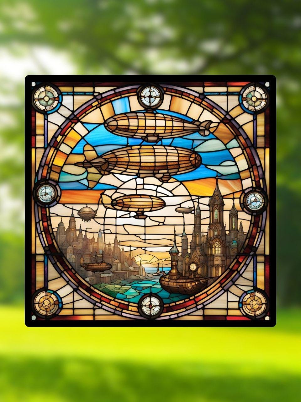 Vitrail La Ville Steampunk aux Zeppelins – Décoration de Vitre Industrielle – Cadeau Original pour Passionnés de Science-Fiction