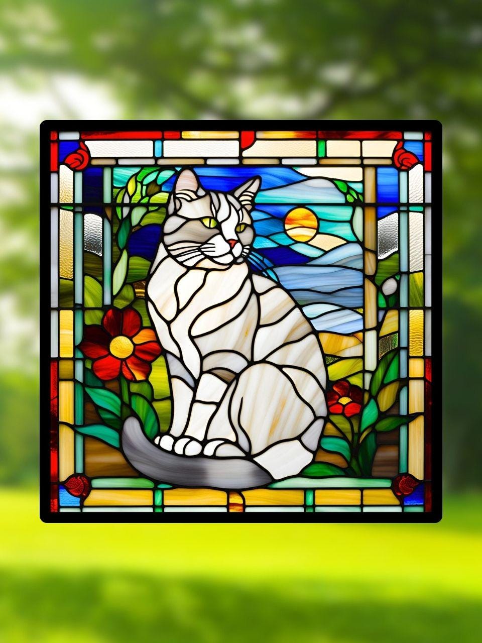 Vitrail Chat Blanc dans le Jardin – Décoration de Vitre Féline – Cadeau Original pour Amoureux des Chats