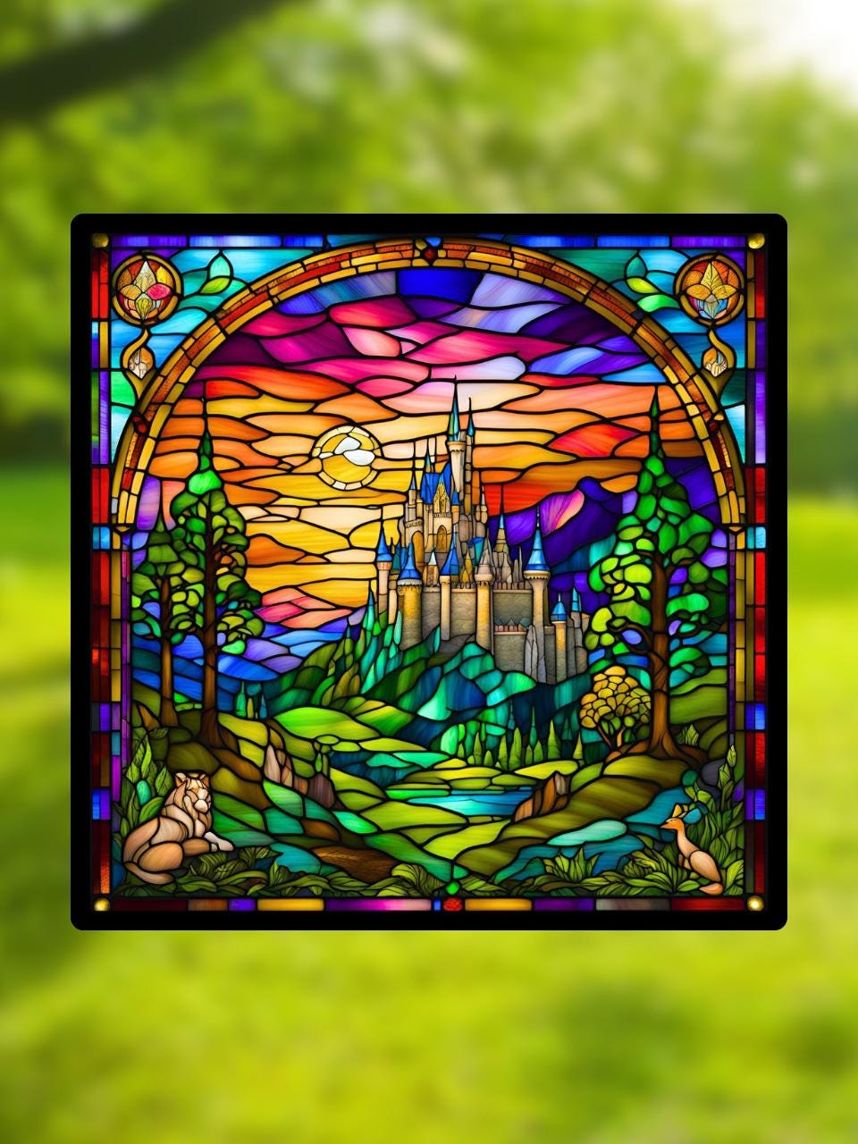 Vitrail Château au ciel arc en ciel – Décoration de Vitre Féérique – Cadeau Original pour Passionnés de Contes de Fées