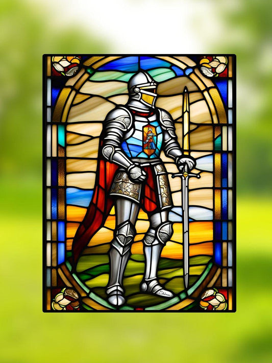 Vitrail Chevalier en Armure 30x40cm – Décoration vitre Médiévale – Cadeau Art Historique