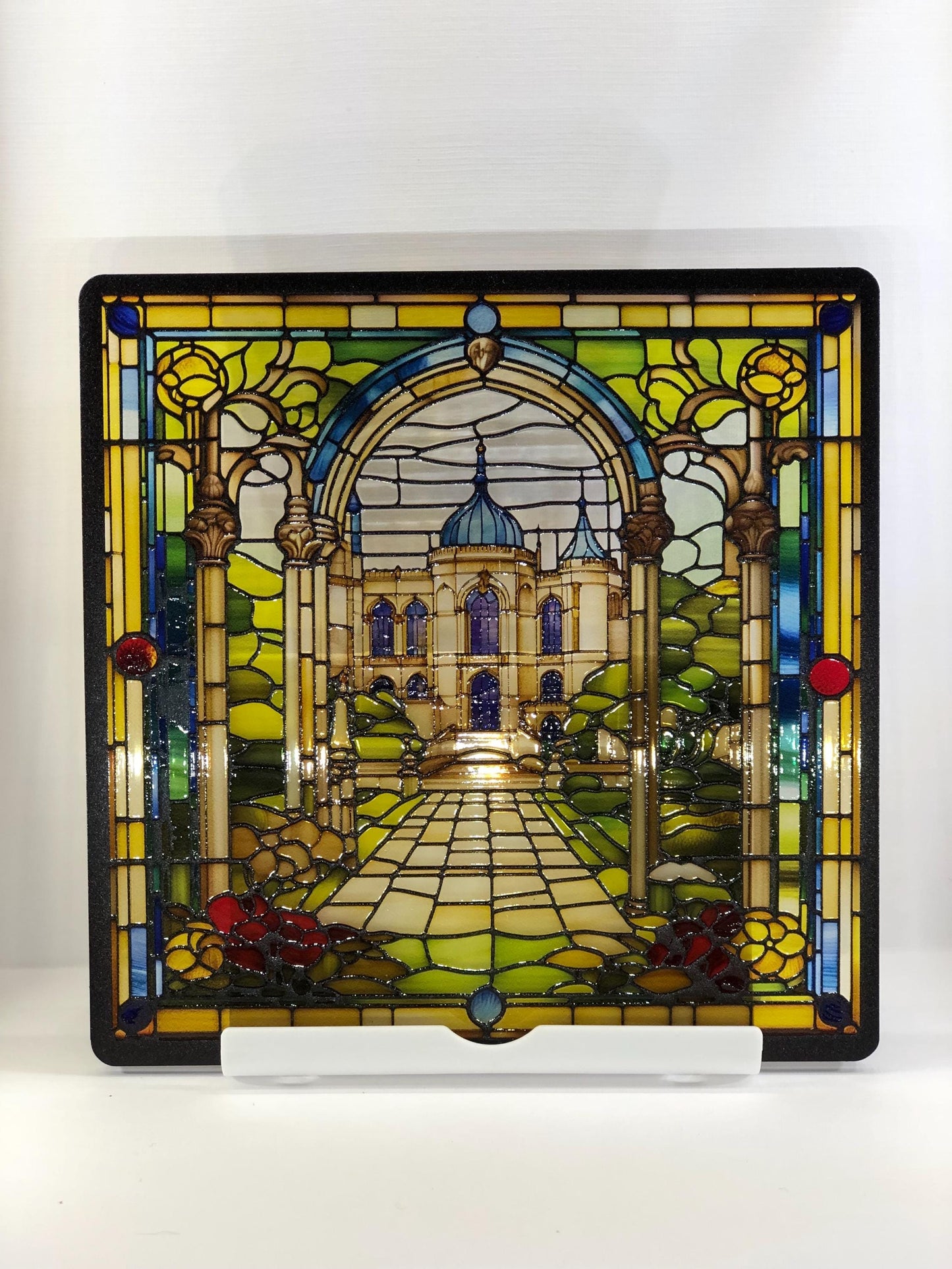 Vitrail Le Palais et ses Jardins – Décoration de Vitre Féérique – Cadeau Original pour Passionnés de Contes de Fées