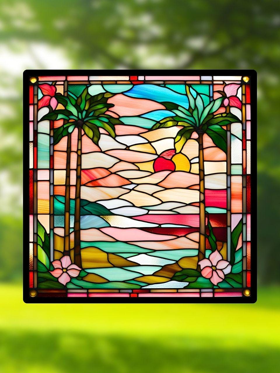 Vitrail Plage Tropicale avec Palmiers – Décoration de Vitre Exotique – Cadeau Art Tropical