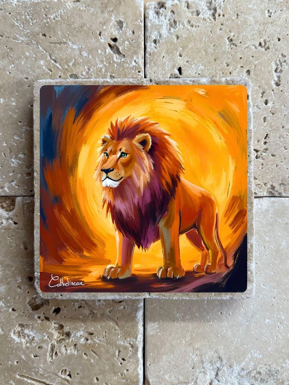 Pierre de travertin Lion – Signe astrologique – Illustration artisanale zodiaque