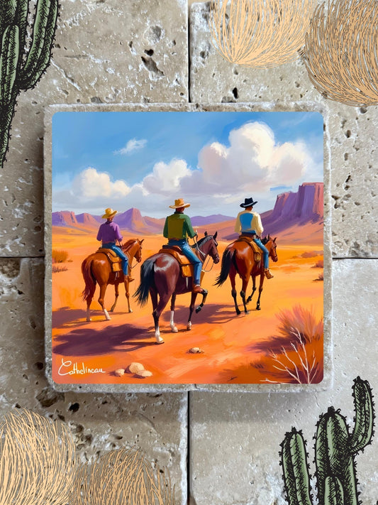 Pierre travertin 10x10 cm – Carreau décoratif cavaliers du Far West, illustration western désertique, verso liège