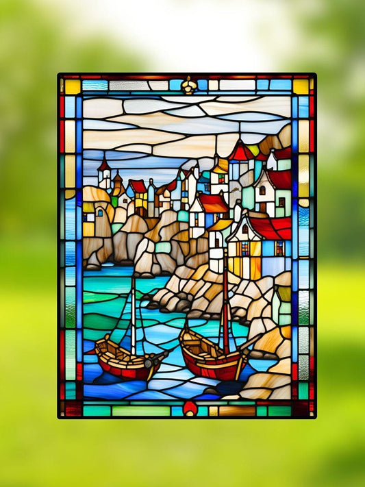 Vitrail Village de Pêcheurs 30x40cm – Décoration vitre Marine – Cadeau Art Nautique